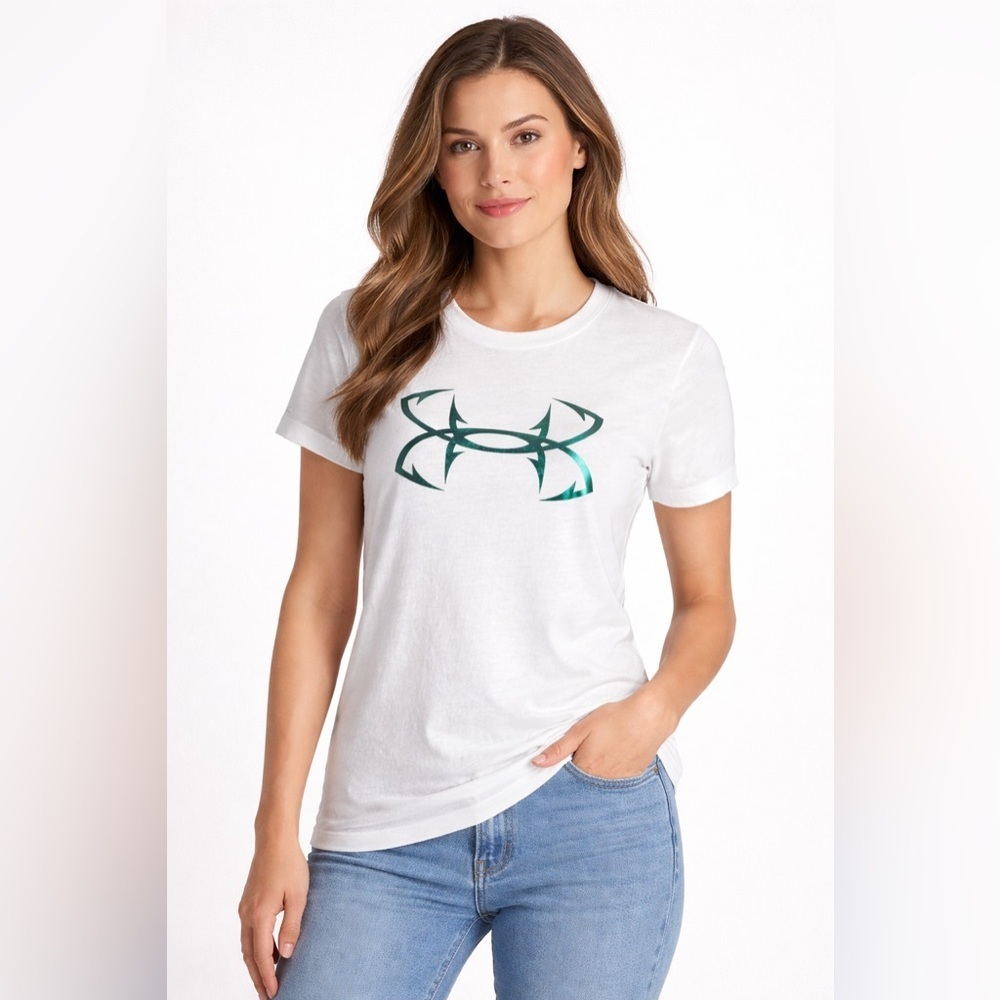 Under Armour White HeatGear Metallic Green Logo T-Shirt – Women’s Medium